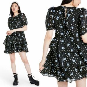 Sandy Liang x Target Black Polka Dot Dark Floral Chiffon Tiered Mini Dress M